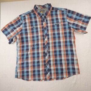 Eddie Bauer Shirt Mens XL‎ Blue Orange Plaid Travex Nylon Fishing Button